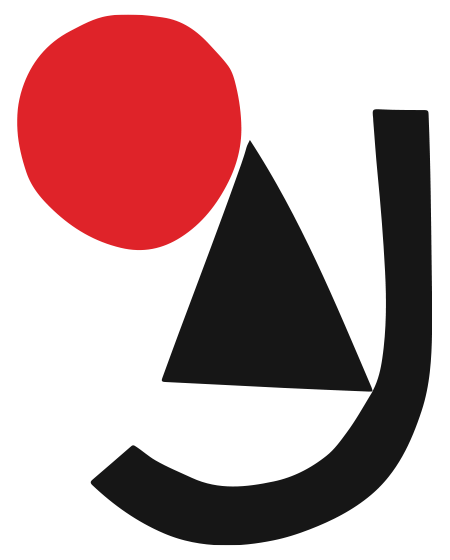 Grafika z kształtów geometrycznych: Czerwone koło, czarny trójkąt i czarna litera "j".