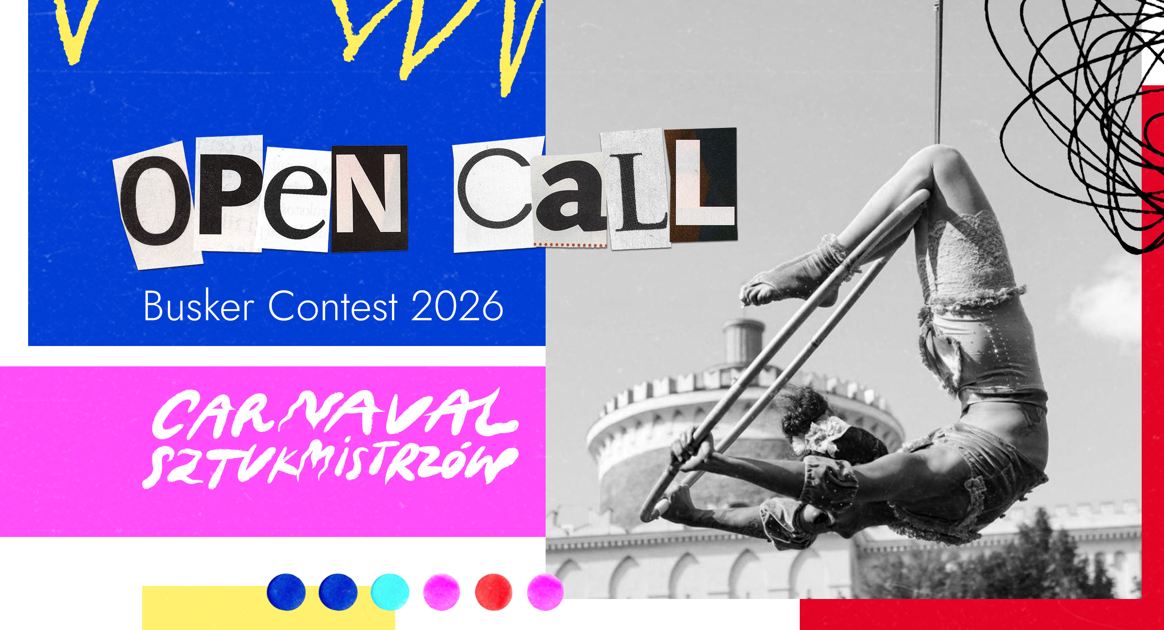 Grafika z akrobatką oraz napisy: Open call. Busker Contest 2026. Carnaval Sztukmistrzów.