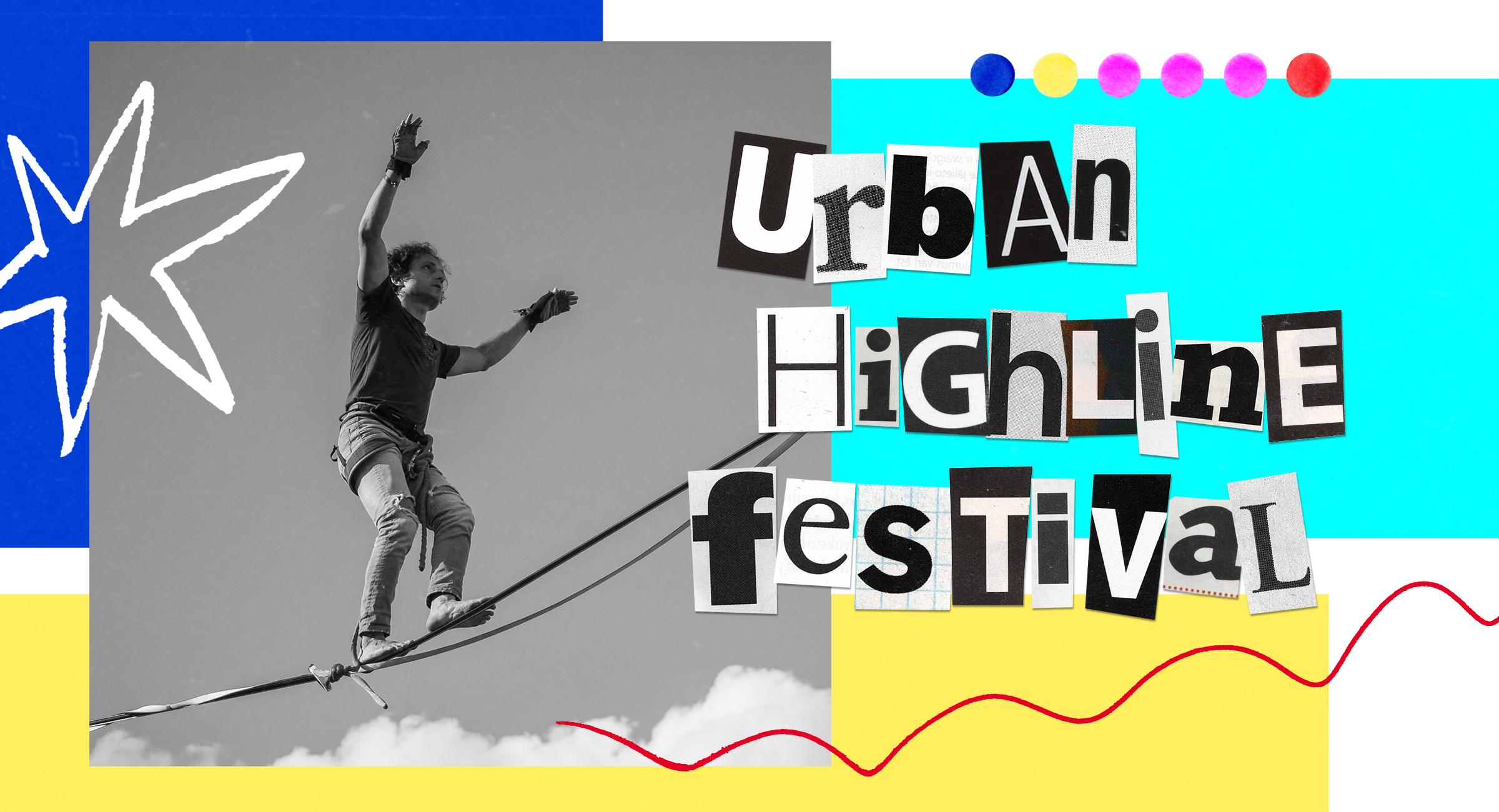 Mężczyzna chodzi po taśmie. Napis: Urban Highline Festiwal