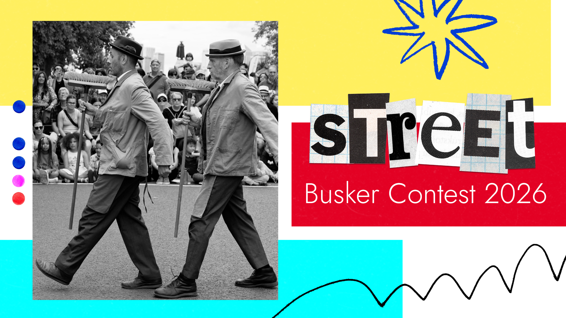 Grafika z dwoma panami w kapeluszach. Napis: Street Busker Contest 2026.
