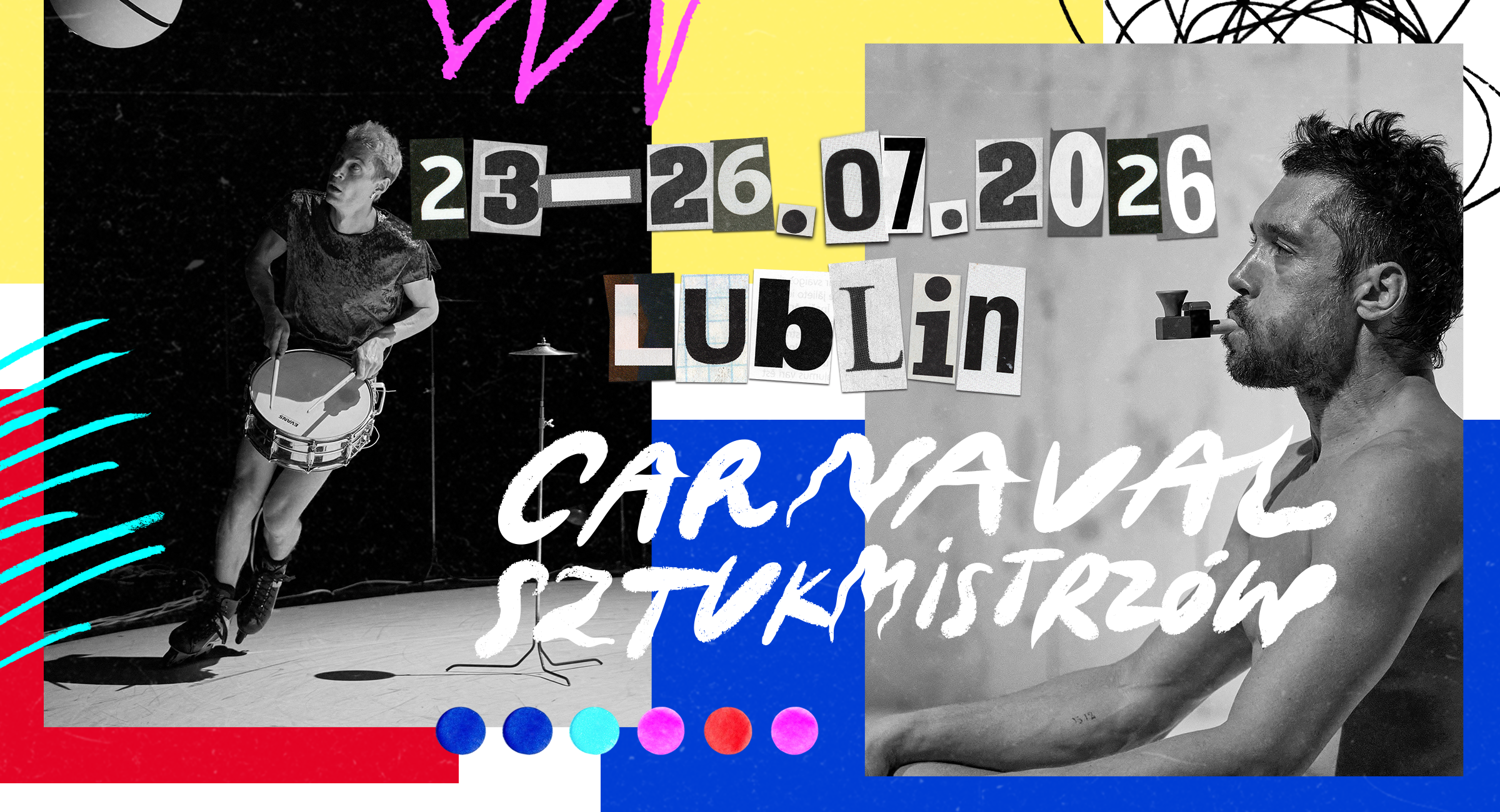 Czarno-biała grafika z mężczyzną, który pali fajkę. Napis: 23-26.07.2026 Lublin Carnaval Sztukmistrzów.