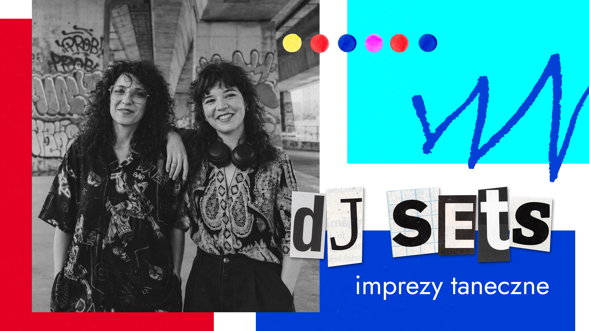 Grafika z dwiema dziewczynami i napis dj sets. Imprezy taneczne.